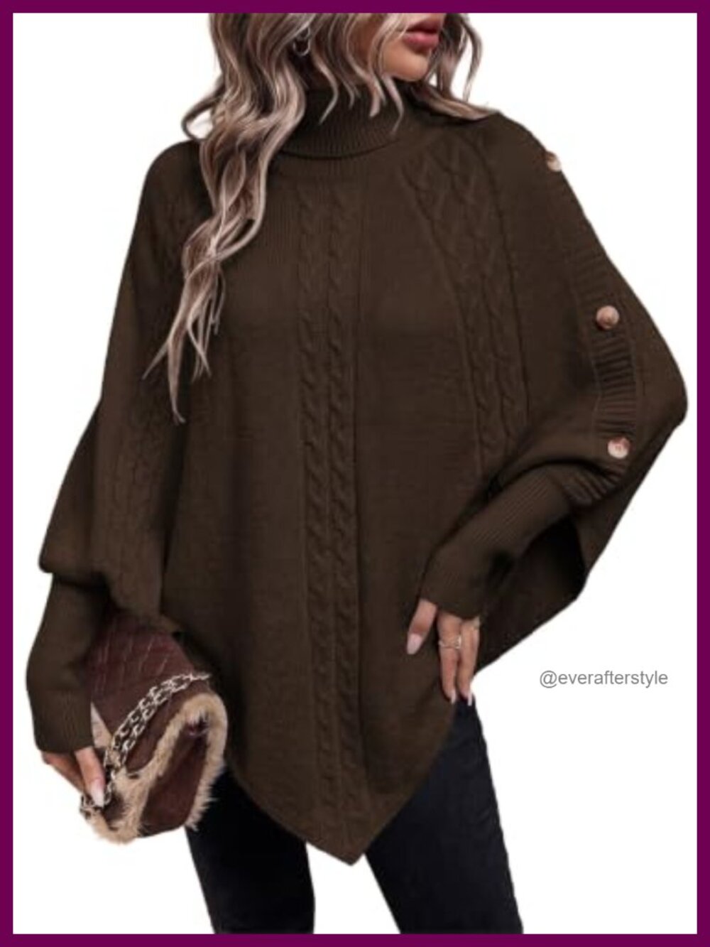 Women's Cable Knit Turtleneck Pullover Poncho Sweater Batwing Sleeve